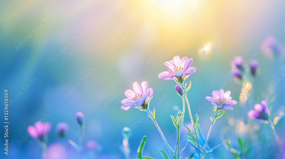 A beautiful spring flower meadow. Magical nature background blossom. Perfect for cosmetics, spa, perfume, beauty salon, florist shop, health care product, homeopathy, aromatherapy