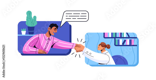Employees get agreement, handshake by video conference. Colleagues communicate, remote work by online call. Distance business meeting concept. Flat isolated vector illustration on white background