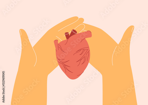 Donation and charity concept with human hand care heart organ. awareness, transplantation and prevention cardiac diseases. Vector illustration