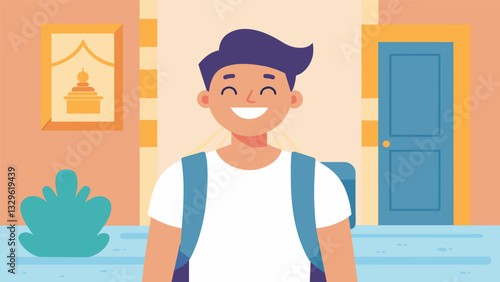 A student smiles as they leave the studio feeling empowered and centered from their Kundalini Yoga session ready to take on the day with a clear mind and renewed spirit.. Vector illustration