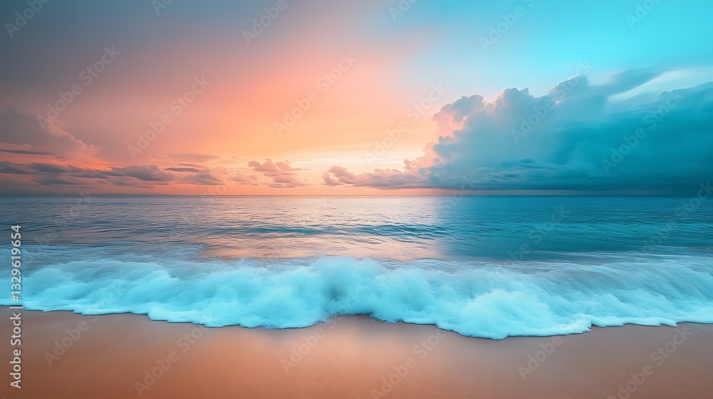 Naklejka premium Serene Coastal Sunset Pastel Sky Ocean Beach