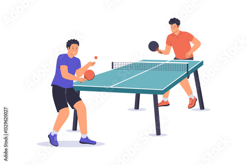 Illustration of two players play table tennis. Illustration for website, landing page, mobile app, poster and banner.