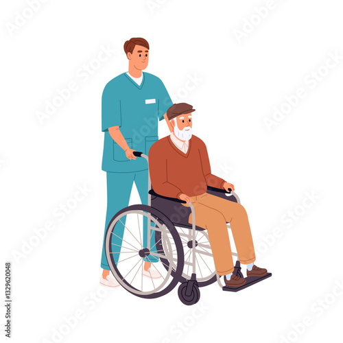 Nurse assisting old disabled man. Caregiver cares about elderly person in wheelchair. Carer helps senior, ill grandfather in wheel chair. Flat isolated vector illustration on white background