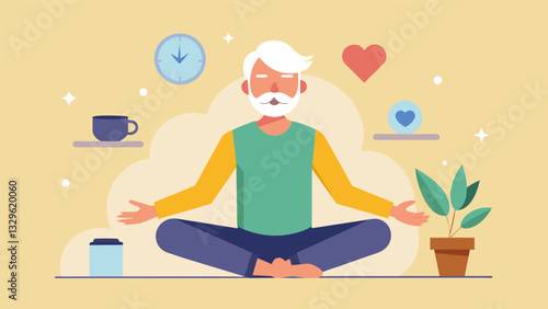 A holistic senior fitness coach incorporating mindfulness and selfcare practices into exercise routines to promote overall wellness in the aging population.. Vector illustration