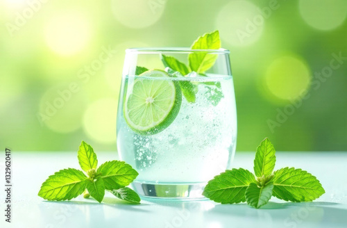 Water with lime and mint in a glass on a fresh summer background.