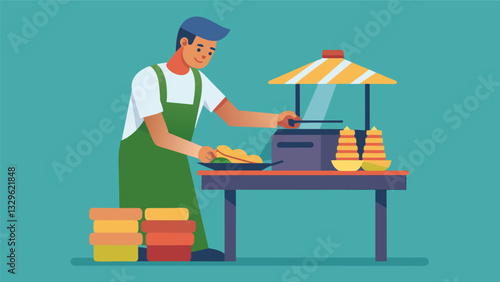 The rhythmic clanking of a handheld press as a street vendor expertly presses Cuban sandwiches on a portable griddle.. Vector illustration