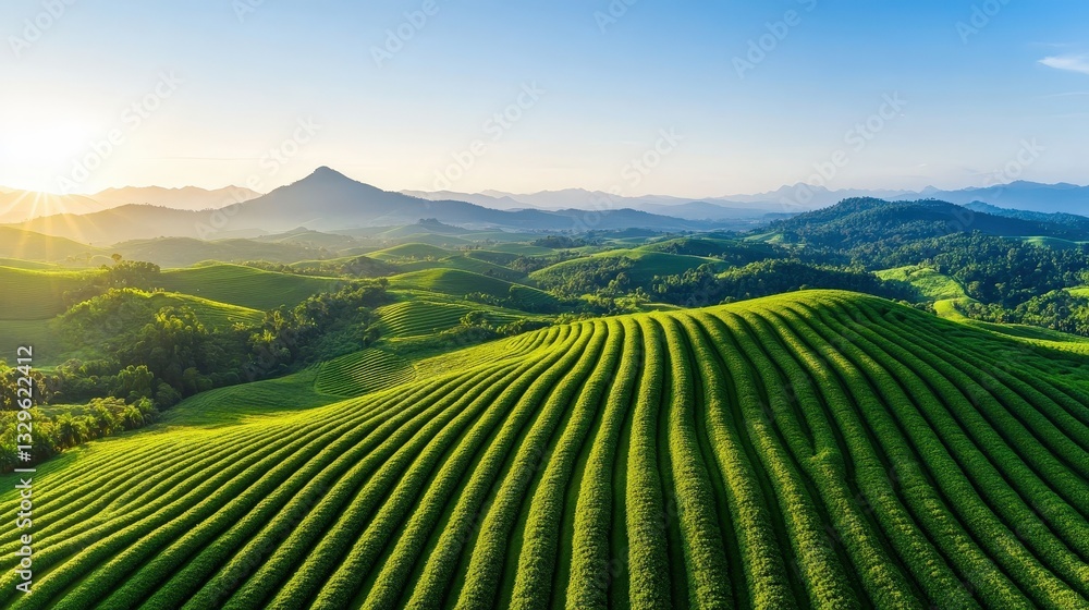 Fototapeta premium Expansive Aerial View of a Verdant Rubber Plantation with Rolling Hills and Clear Blue Sky