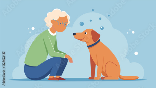 A gentle therapy dog patiently waits as a senior with memory loss strokes its fur sparking memories and calming anxiety.. Vector illustration