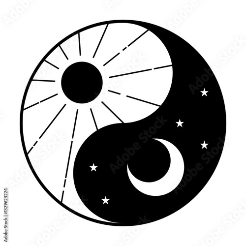 太陽と月と星が入った陰陽太極図のイラスト