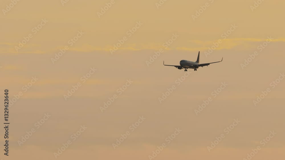 Airplane with landing gear down descending before landing in golden sunset sky, long shot. Footage of a plane in flight. Concept advertising for sale of air tickets, tours