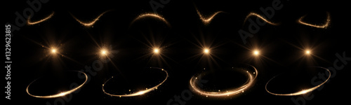 Sunlight, abstract special effect. Set of effects "Light". Glow isolated golden transparent light set, lens flare, explosion, dust, line, solar flare, spark and stars, spotlight, curve spiral.