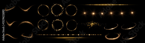 Sunlight, abstract special effect. Set of effects "Light". Glow isolated golden transparent light set, lens flare, explosion, dust, line, solar flare, spark and stars, spotlight, curve spiral.