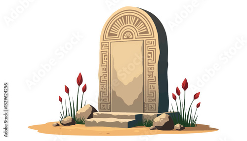 Ancient stone altar with geometric engravings, nature symbolism