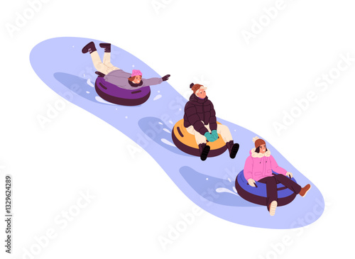 Happy friends have fun together outdoors in winter. Joyful children slide down on tubings on snow slope. Teenagers slip on ice downhill, laughing. Flat vector illustration isolated on white background