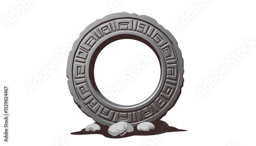 Symbolic stone circle with geometric carvings on white background, ancient significance