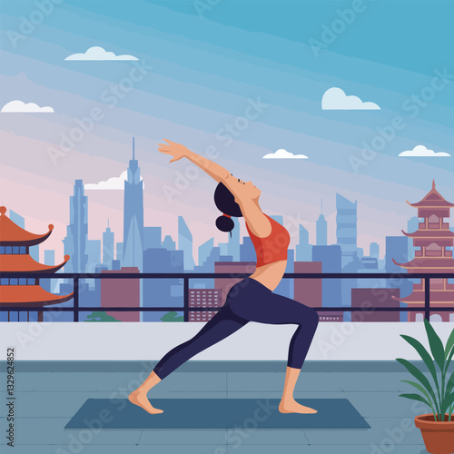 Woman Practicing Yoga Pose on Rooftop Overlooking City Skyline