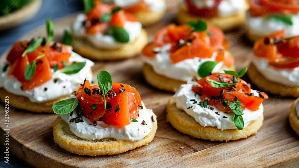 Delicious appetizers featuring smoked salmon and fresh herbs on a wooden platter ready for a gathering Delicious appetizers featuring smoked salmon and fresh herbs on a wooden platter ready for a gathering
