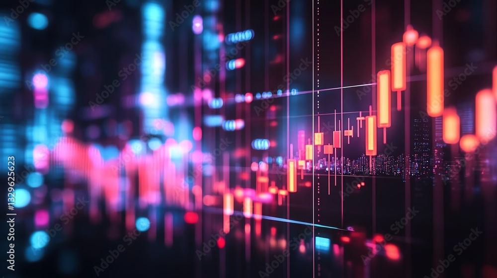 Forex trading graph with neon candlestick chart on dark bokeh background 3D Rendering Forex trading graph with neon candlestick chart on dark bokeh background 3D Rendering