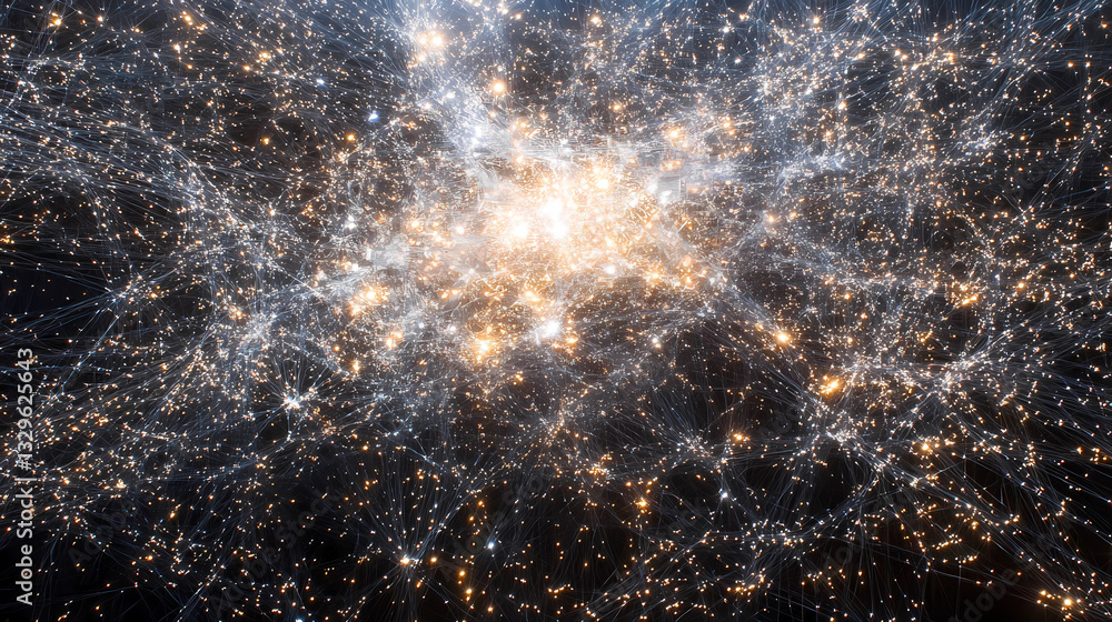 Obraz premium A dynamic burst of white and gold particles, creating an energetic and abstract aftermath, perfect for conveying power and transformation