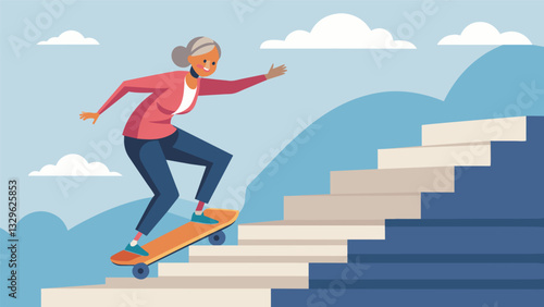 A senior skateboarder confidently tackling a set of stairs with determination and confidence on her face.. Vector illustration