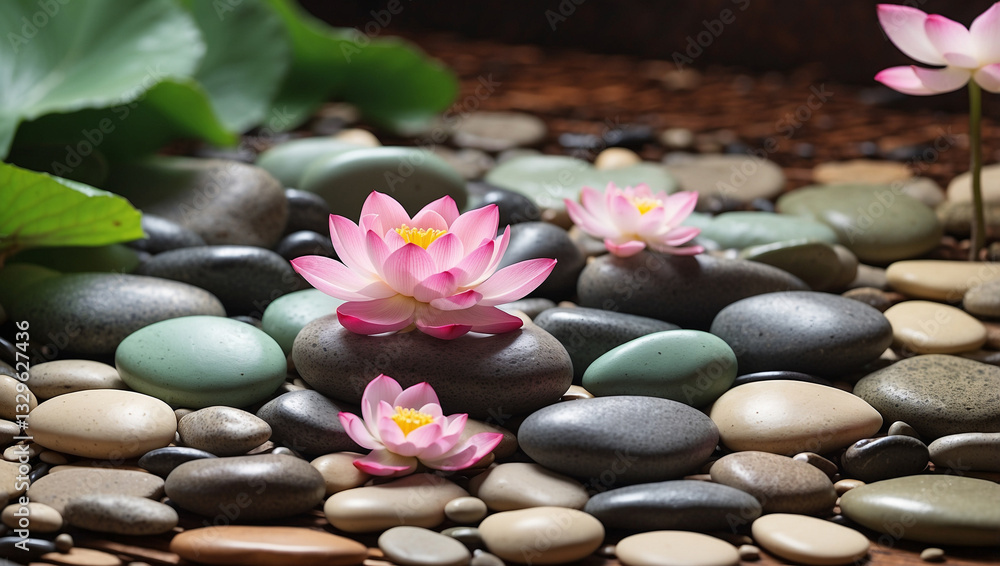 Fototapeta premium A Set of Tranquil Spa Stones Complementing a Lotus Blossom Isolated on a White Background for Relaxation