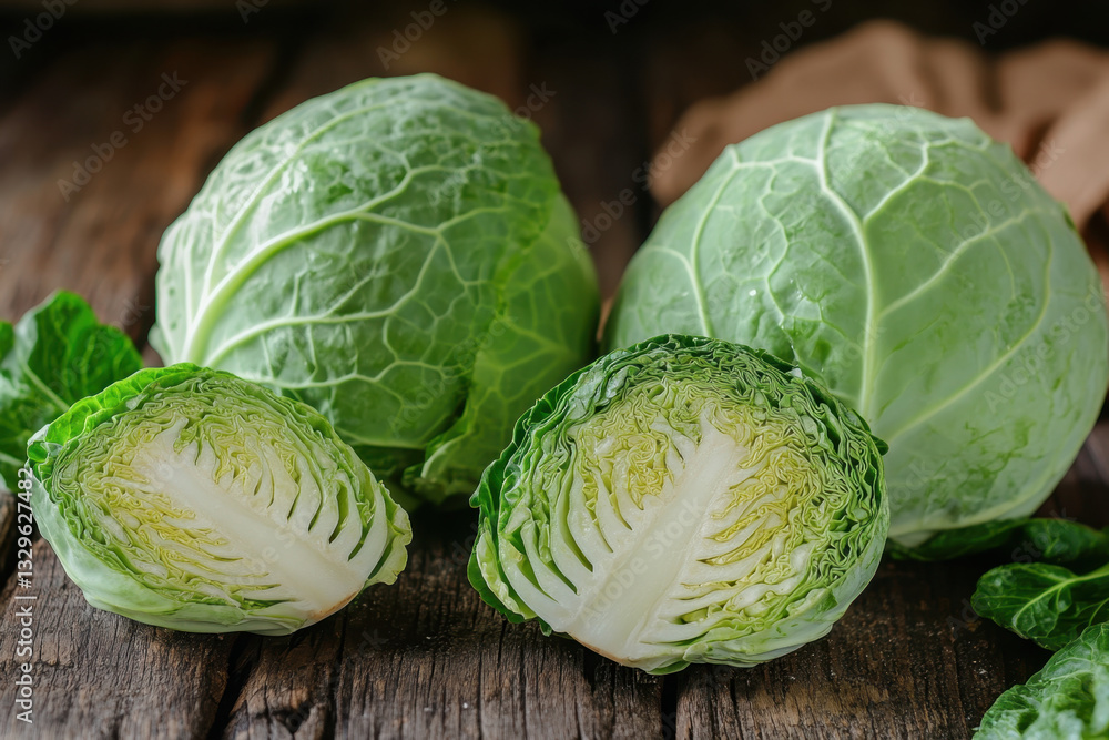 Fototapeta premium Three heads of cabbage on a wooden table.