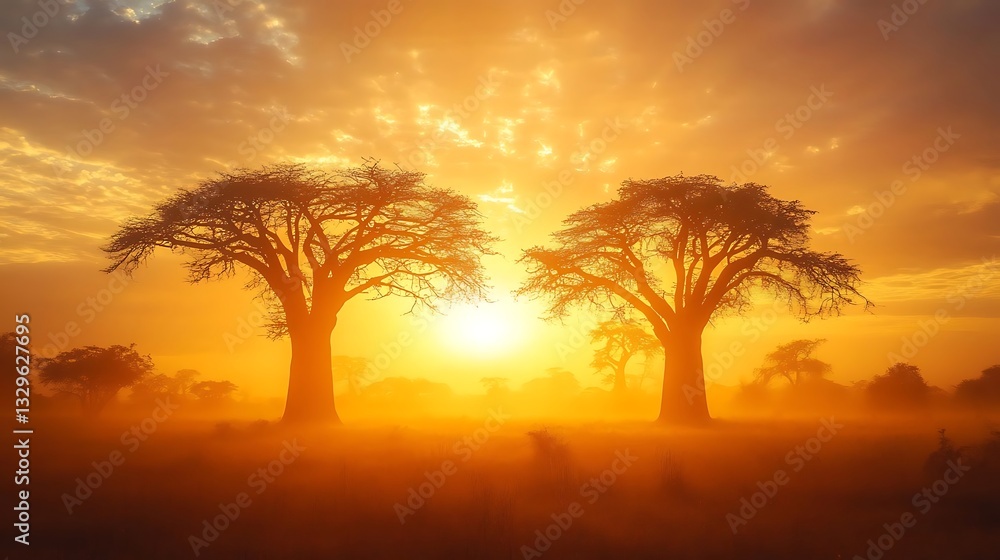 Fototapeta premium Golden sunset over African savannah, silhouettes of majestic baobab trees, misty ambiance with glowing dust, and serene golden hour hues.
