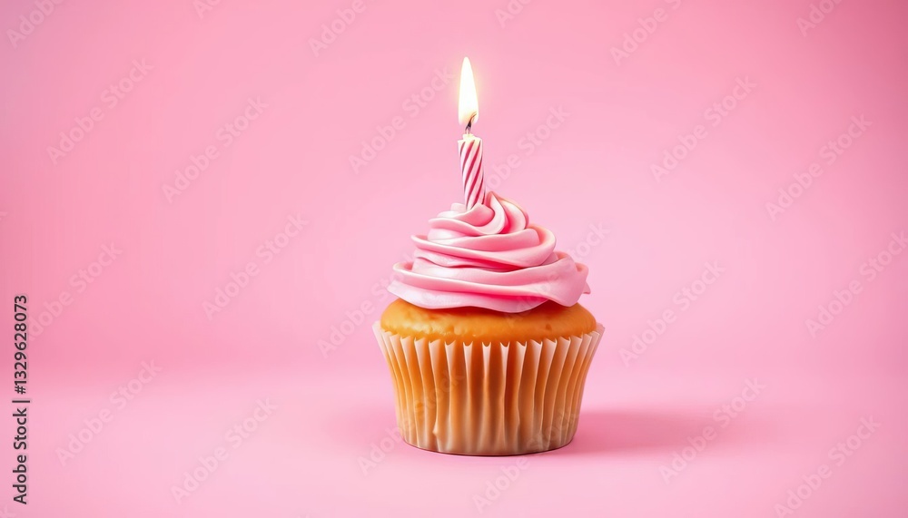 A single pink frosted cupcake with a lit candle on a light pink background, pink cupcake, sweet treat A single pink frosted cupcake with a lit candle on a light pink background, pink cupcake, sweet treat