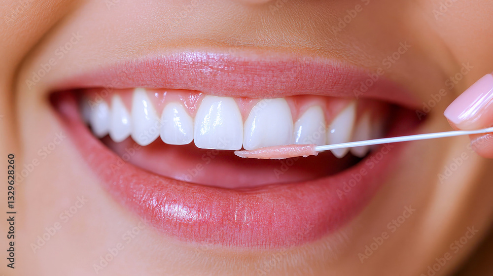 Fototapeta premium A close-up of a woman flossing her teeth, highlighting the importance of oral hygiene and daily dental care routines