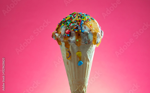 Ice cream cone with colorful sprinkles on red background. Close up.