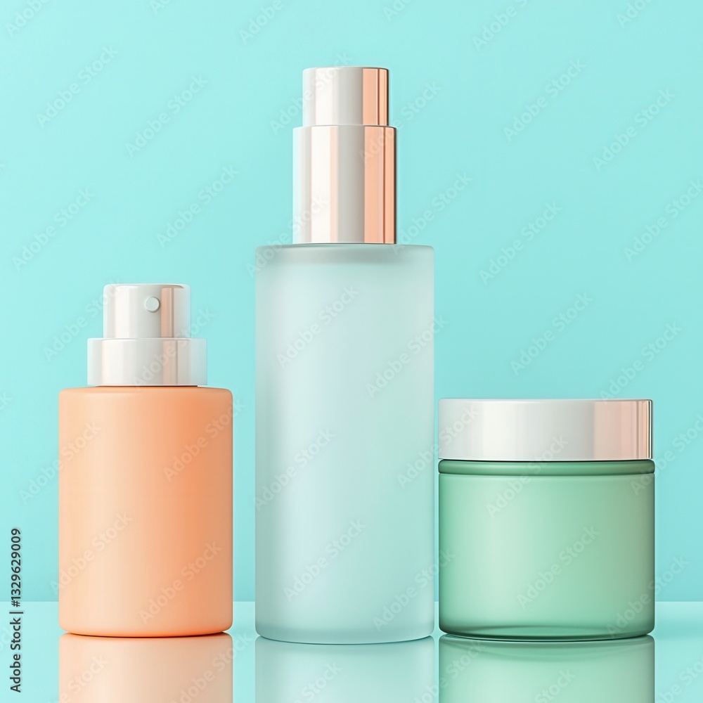 Product mock up with Korean skincare inspired design concept. Three skincare bottles on a bright blue background Product mock up with Korean skincare inspired design concept. Three skincare bottles on a bright blue background