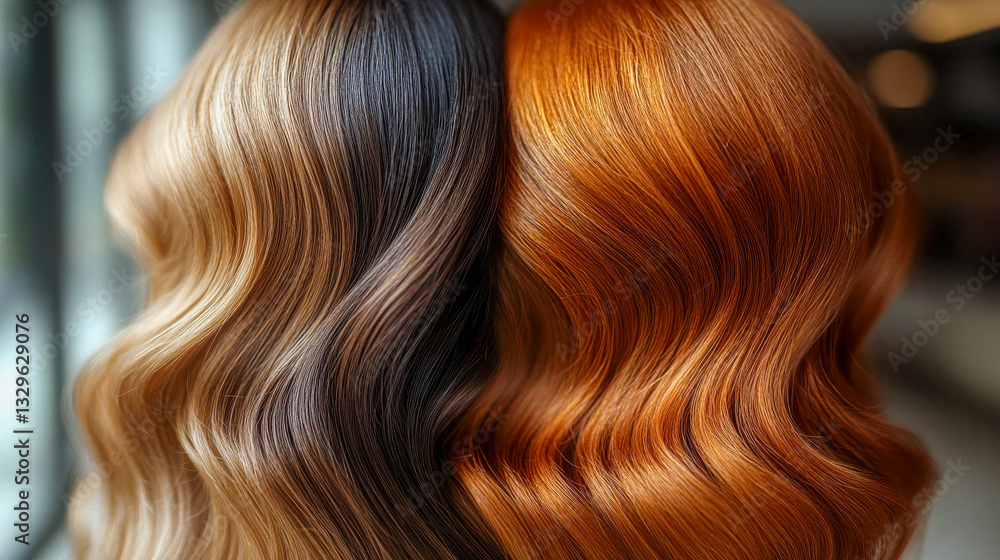 Fototapeta premium Close-up of two people with contrasting hair colors, smooth blonde and vibrant red, highlighting silky textures