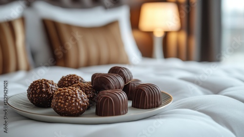 Close up of fine porcelain plate with gourmet chocolates placed on luxurious hotel bed.