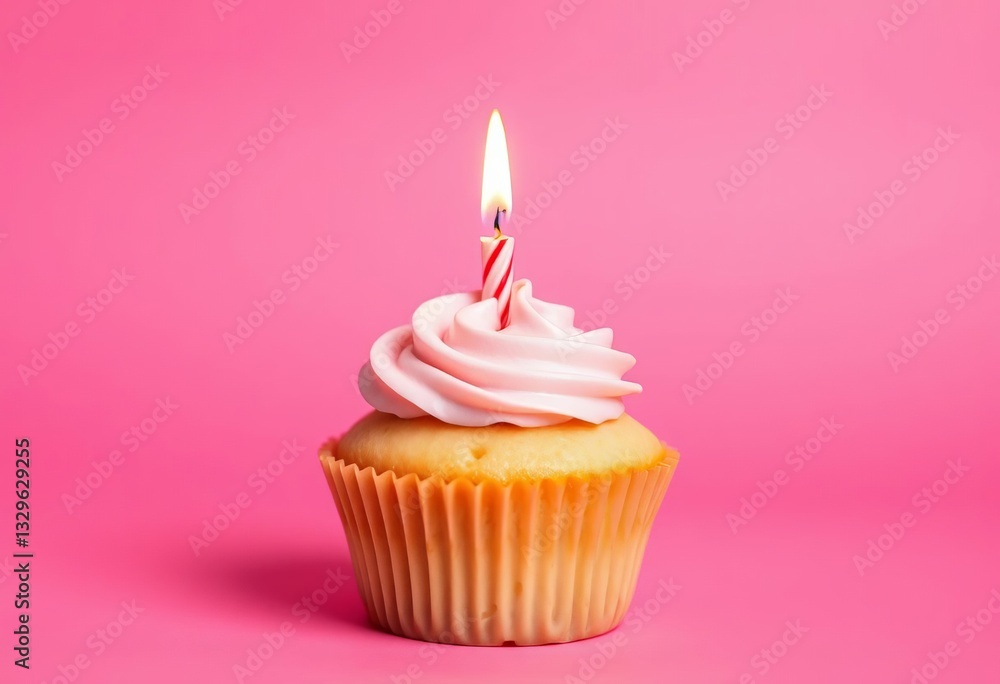 A single vanilla cupcake with a lit candle on a vibrant pink background , candlelight, still life A single vanilla cupcake with a lit candle on a vibrant pink background , candlelight, still life