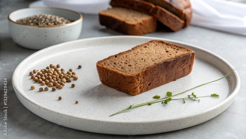 Dense Brown Bread Slice Accompanied by Herbs and Seeds on Plate Dense Brown Bread Slice Accompanied by Herbs and Seeds on Plate