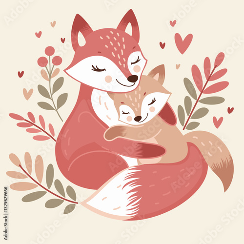 Little fox hugs his mother. Sweet illustration for Mother's Day. 
Cute hand drawn vector illustration in a flat style.
