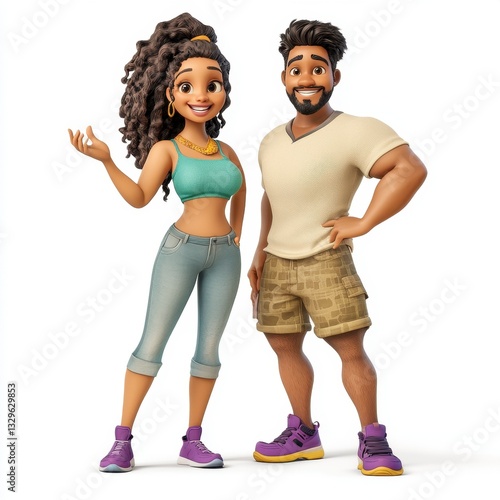 Smiling Cartoon Couple in Casual Attire Against White Background