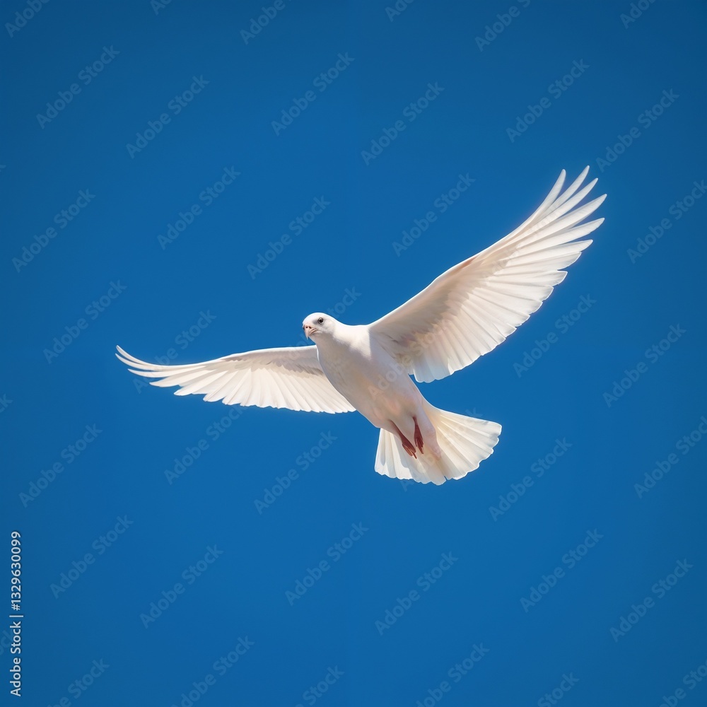 Fototapeta premium White-feathered pigeon soaring gracefully through theblue sky 