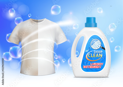 Plastic bottle packaging with washing detergent. Washed white t-shirt. Vector illustration