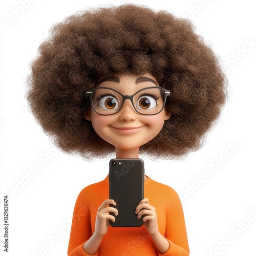 Smiling Cartoon Girl with Afro Holds Smartphone