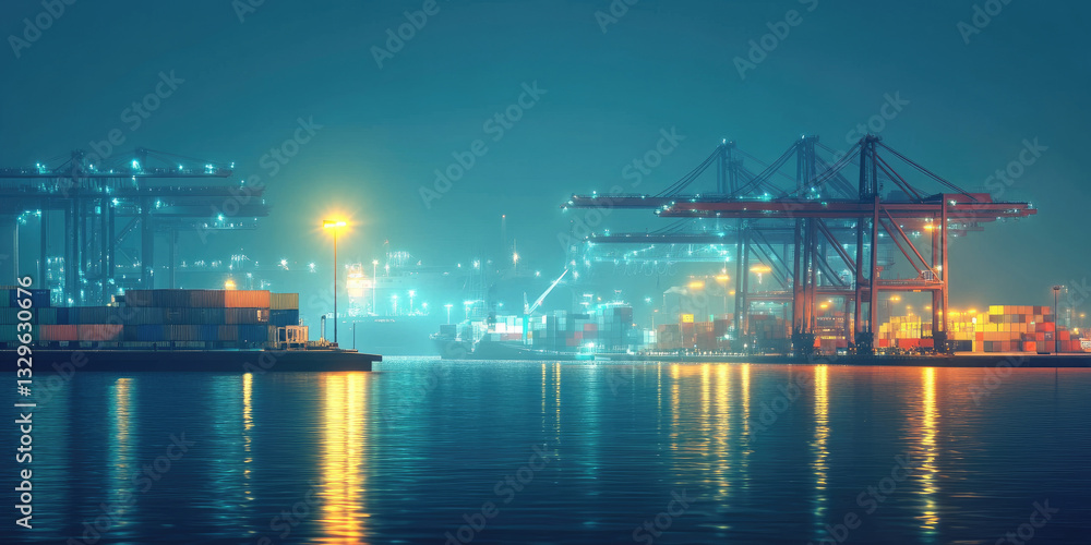 Container Ship at Night Port: Illuminated Cranes and Cargo, Reflections on Water, a Scene of Global Trade and Industrial Activity. Container Ship at Night Port: Illuminated Cranes and Cargo, Reflections on Water, a Scene of Global Trade and Industrial Activity.