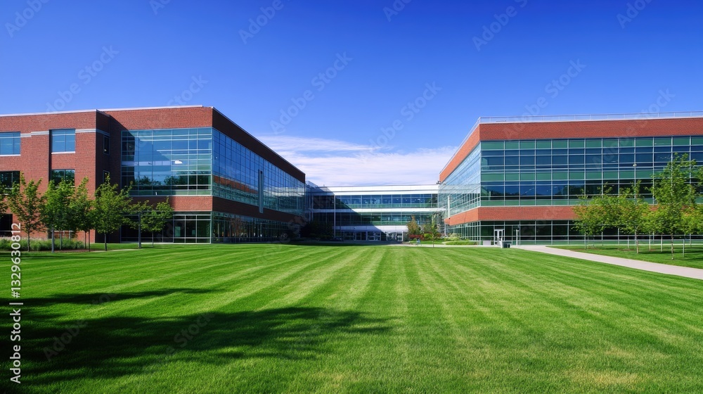 Modern college campus with sleek glass buildings, lush green lawns, and a clear blue sky, representing higher education and innovation. Modern college campus with sleek glass buildings, lush green lawns, and a clear blue sky, representing higher education and innovation.