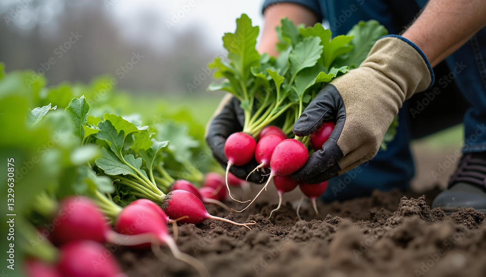 Fototapeta premium Hands harvesting fresh radishes in fertile soil