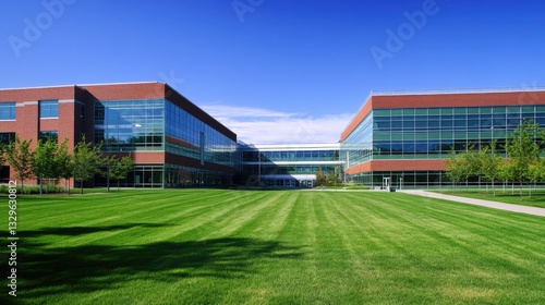 Wallpaper Mural Modern college campus with sleek glass buildings, lush green lawns, and a clear blue sky, representing higher education and innovation. Torontodigital.ca