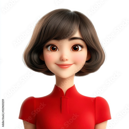 Smiling Cartoon Woman in Red Shirt 3D Render