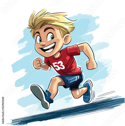 This cartoon illustration shows a smiling boy running a race.
