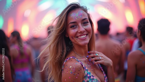 Festival Woman with Glitter Makeup Smiling at Outdoor Concert