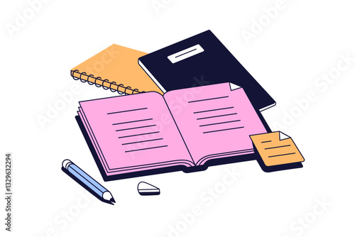 School education icon. Reading open paper books. Preparation of homework, learning with copybooks, textbook. Get knowledge, study concept. Flat isolated vector illustration on white background