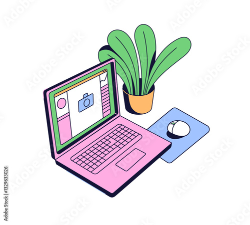 Icon of workplace with houseplant. Portable computer with mouse and pad. Photographic software on PC screen. Laptop on desk, creative work place. Flat isolated vector illustration on white background