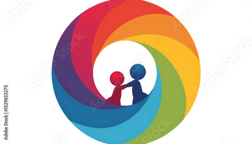 Abstract figures embracing in colorful spiral design, unity concept